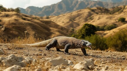 Fototapeta premium A Komodo dragon stalking through dry, rocky terrain in Indonesia, its forked tongue flicking out to taste the air, with sparse vegetation and rugged hills in the background.