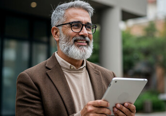 Obraz premium Smiling mature man using a tablet outdoors.
