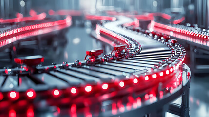 A sleek conveyor belt illuminated by red lights, winding through a modern industrial space, emphasizes efficiency and automation in production.
