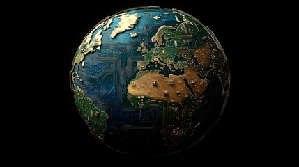Globe showing continents rendered as interconnected circuit boards on a black background