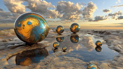 A surreal landscape with a large, colorful ball in the foreground and smaller ones in the background, all reflected in a puddle.