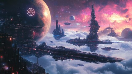 Obraz premium A massive space colony orbiting a gas giant, with shimmering clouds of neon gases swirling in the planetÃ¢â‚¬â„¢s atmosphere and a fleet of smaller ships docking nearby.