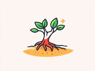 A small tree with vibrant red roots, growing in sandy soil, showcasing resilience and new growth