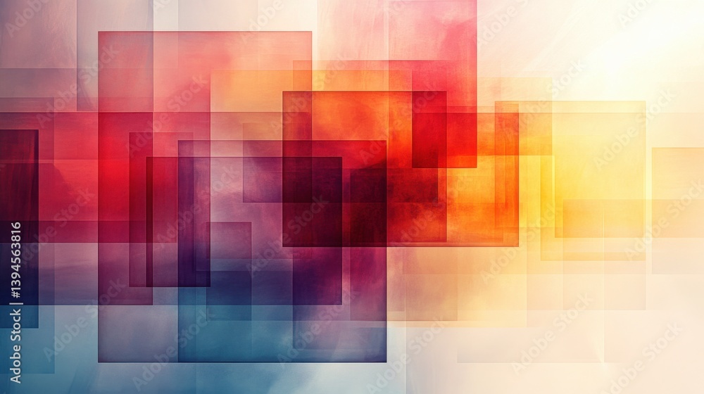 Poster a vibrant abstract composition featuring overlapping rectangular shapes in shades of red, orange, an