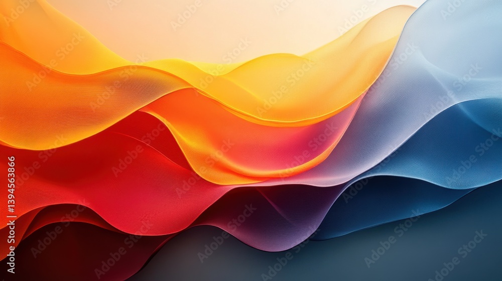 Poster a vibrant abstract image showcasing flowing layers of fabric in warm and cool colors, creating a sen