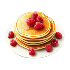 Stack of golden pancakes topped with raspberries and syrup, isolated on white transparent background, concept of breakfast sweetness