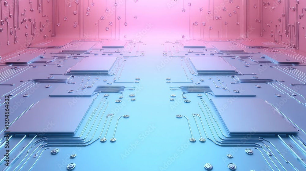 Poster a futuristic digital landscape with circuit patterns and a gradient background, symbolizing technolo