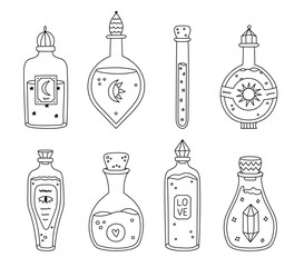 Lovely line doodle set with magic potion in different flasks, labels, vintage lid. Love potion, magical liquid of sun energy, luck, poison. Wizard boho jars. Cute vials for witchcraft, alchemist.