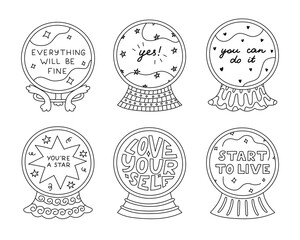 Obraz premium Lovely outline doodle set with magical crystal ball with positive forecast and motivational lettering. Cute hand drawn magic glass ball of fortune teller. Optimistic typography. Esoteric collection.