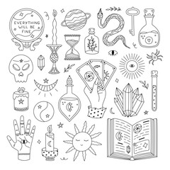 Big outline doodle esoteric and magical set with wizard potion, spell book, crystal ball of fortuneteller, astrology and occult elements. Lovely hand drawn collection with witchcore aesthetic.