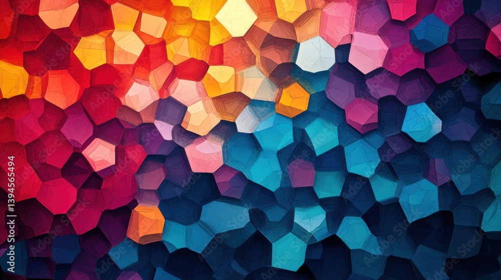 Poster a vibrant abstract pattern featuring hexagonal shapes in a spectrum of colors, creating a dynamic an