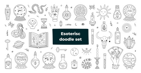 Big outline esoteric and wizard set with magician potion, spell book, crystal ball with prophecy, astrology and spiritual icons. Lovely hand drawn Halloween doodle for tattoo, design, web, print.
