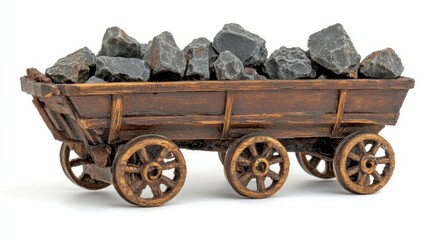 Vintage wooden cart filled with coal stones on white background for industrial themed imagery
