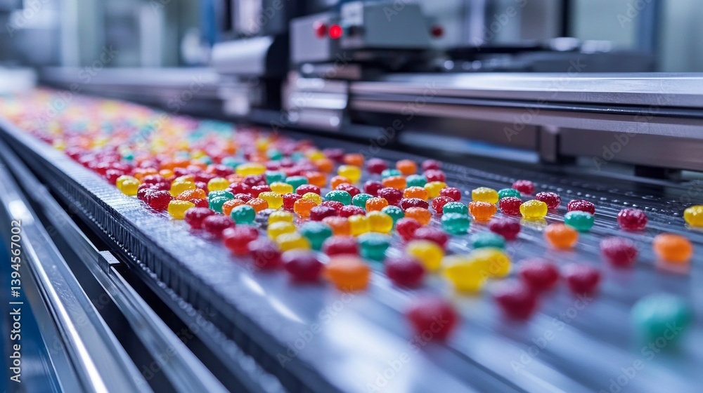 Poster a bustling candy wrapping machine efficiently processes a vibrant array of sweets, as shiny wrappers