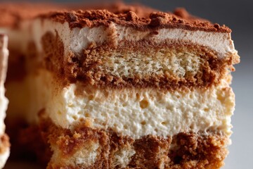 Fototapeta premium A closer look at a mouthwatering layer of tiramisu, emphasizing its soft texture and gorgeous cocoa topping.