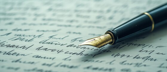 An elegant fountain pen poised over handwritten letters, evoking a sense of timeless communication and personal touch.