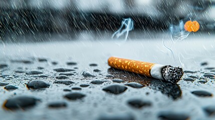 A close-up of a cigarette lying in the rain, with droplets reflecting the soft light, evoking a somber mood.