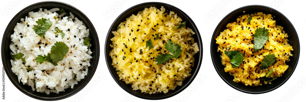 Poster isolated minimalist mockups of various types of rice dishes with garnishes in dark bowls on a plain 