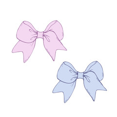 Satin fabric bow, with short wide ribbons. Graphic sketch illustration hand drawn line art, outline in blue and pink. Single isolated element vector EPS, for hair decoration, clothes, gifts, holidays