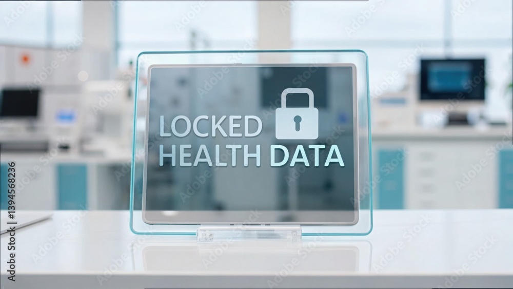 Poster Tablet Displaying Locked Health Data in Modern Medical Setting
