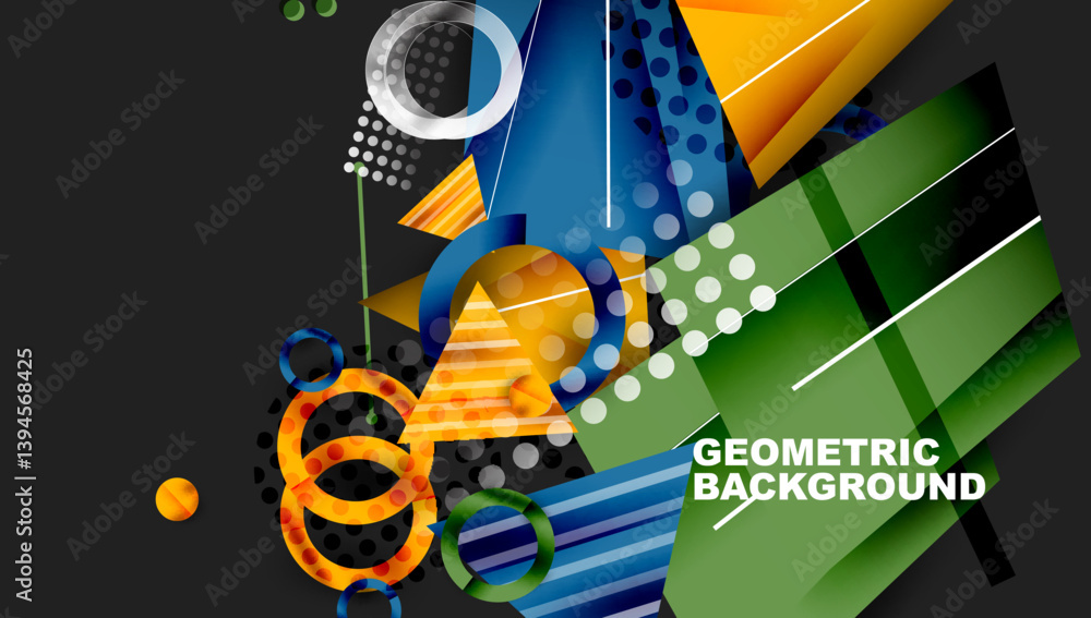 Poster Abstract geometric composition. Vibrant shapes overlap, creating dynamic visual effect. Colors include blue, yellow, green, orange against dark background. Modern design element.