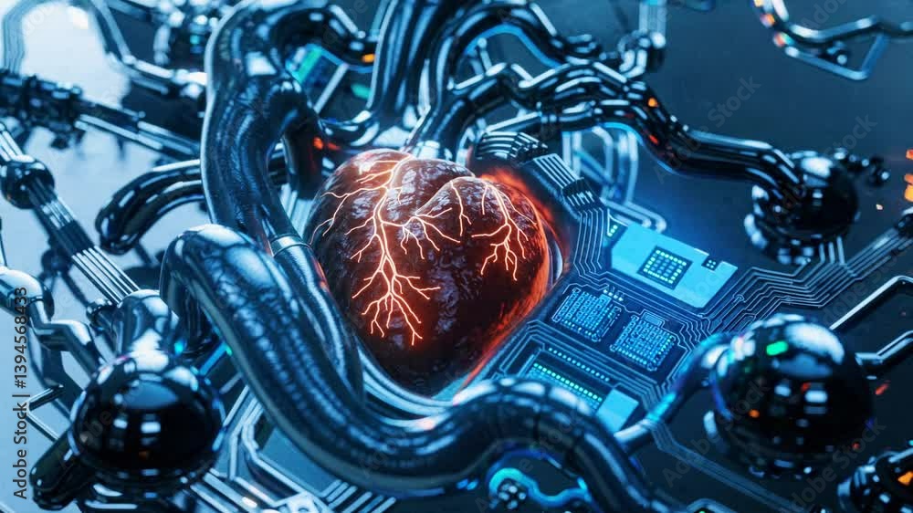 Poster detailed cybernetic representation of human heart integrated with advanced technological circuitry, 