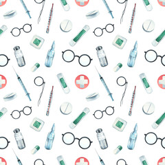 A set of medical equipment. Watercolor illustration, hand drawn, for the design and design of hospitals, clinics, pharmacies. Seamless pattern on a white background.