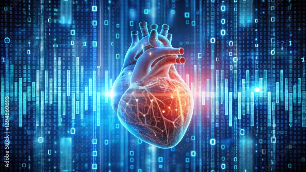 Poster Human Heart Overlaid with Binary Code and Digital Visualization