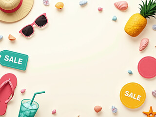 banner de rebajas de verano con elementos divertidos y vibrantes para publicidad, con espacio para escribir