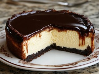A mouthwatering slice of chocolate cheesecake, a creamy masterpiece with a rich chocolate ganache topping on a plate.