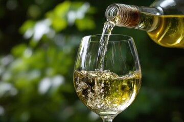 An artistic image of white wine cascading into a glass, showcasing the beauty of fluid motion and light reflections.