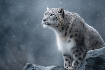 Naklejka premium Majestic snow leopard sitting on a rock in a snowy mountain landscape during a winter storm.