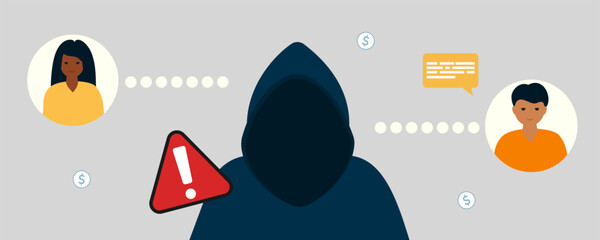 Dialogue between young people and phone scammer. Phishing fraud concept. Online crime warning. Flat vector poster, banner.