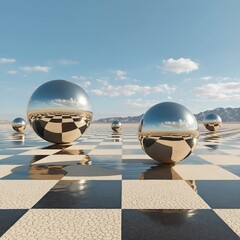 Surreal floating metal spheres over a black and white checkerboard background in the desert under a blue sky - hyperrealism with a fantastic atmosphere