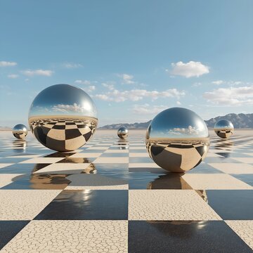Surreal floating metal spheres over a black and white checkerboard background in the desert under a blue sky - hyperrealism with a fantastic atmosphere