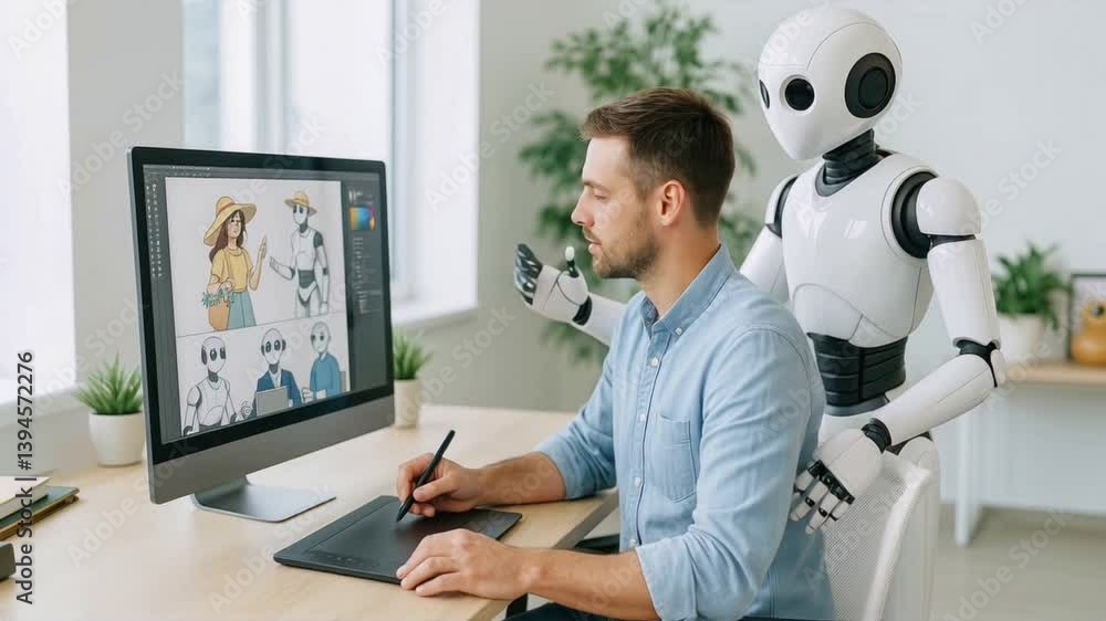 Poster male designer working with humanoid robot on digital illustration, using graphic tablet and computer