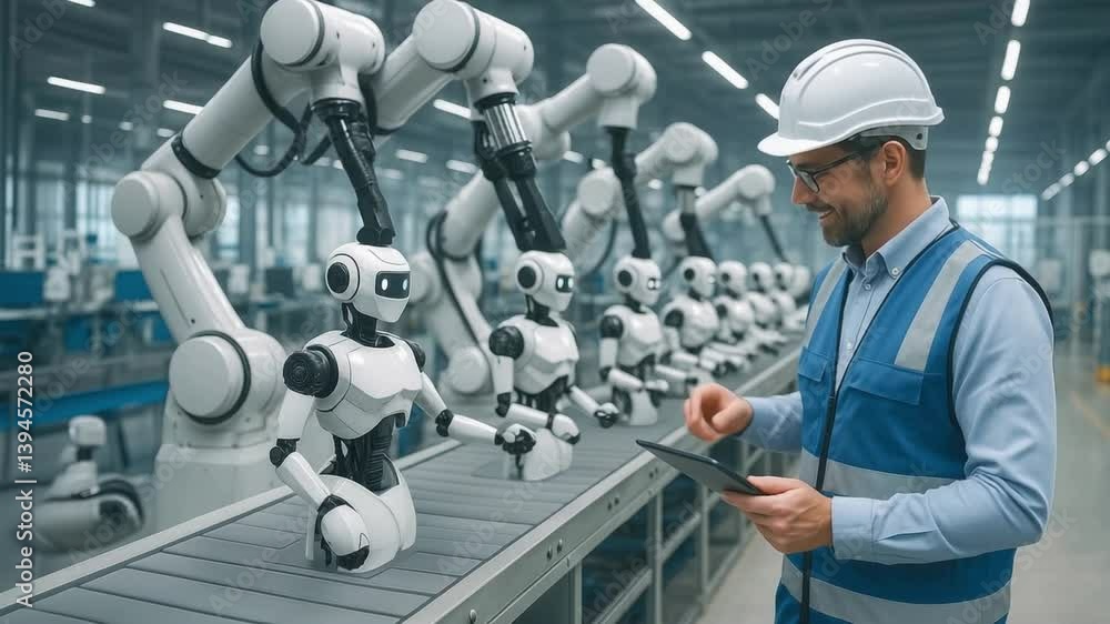 Poster male engineer in safety vest and helmet monitoring humanoid robots and robotic arms on automated man