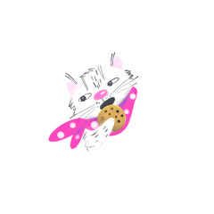 Funny hand drawn fluffy white kitty is holding a chocolate drops cookie in paws, hungry cat on transparent background. Can be used for invitation, card, poster, sticker, social net story and post.

