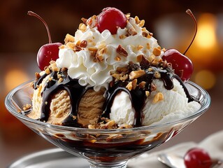 A classic ice cream sundae featuring scoops of ice cream, drizzles of hot fudge, whipped cream, a garnish of maraschino cherries, and a sprinkling of nuts.
