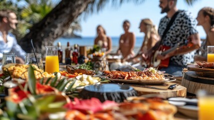 Tropical beach party feast with friends, guitar music and seaside celebration