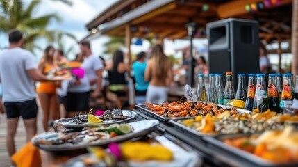 Tropical beachside buffet with diverse culinary offerings for social gathering