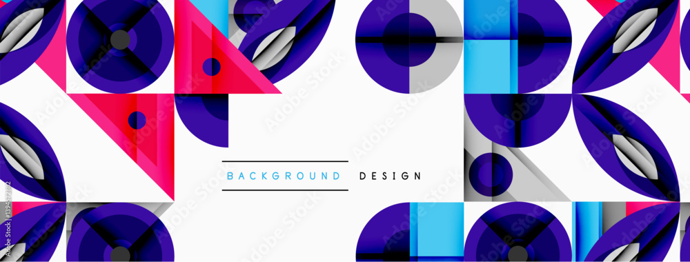 Poster abstract geometric pattern. circles, triangles, squares create dynamic composition. vivid blue, purp