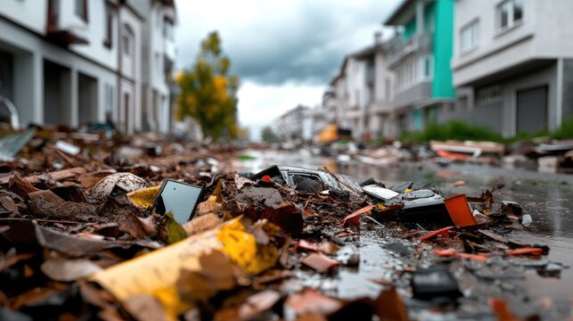 Urban landscape aftermath of environmental devastation with scattered debris