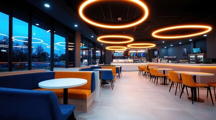 Fototapeta premium Modern Interior of Casual Dining Area with Unique Lighting Design