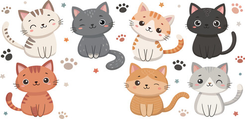 Obraz premium Cute cartoon cats in various colors enjoying their playful time together.