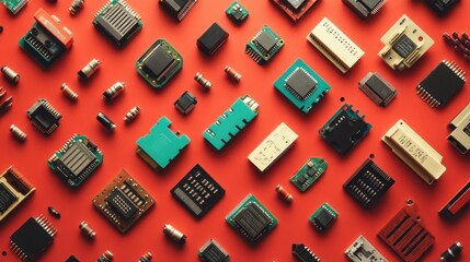 Assorted circuit boards and connectors displayed on a red color background with dramatic lighting