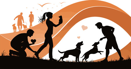 Silhouettes of diverse people enjoying a joyful day with pets in a vibrant sunset.