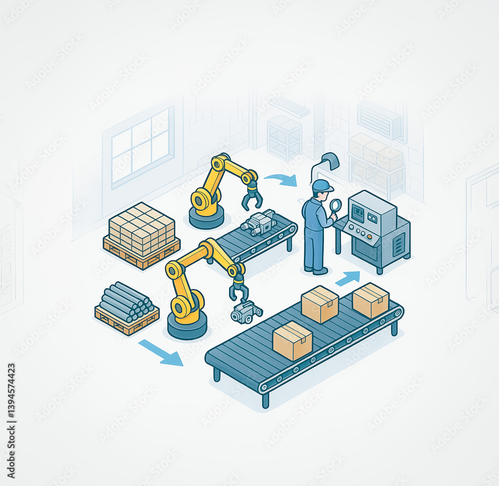 Poster simplified factory scene showing yellow robotic arms handling goods on a conveyor system with an ope
