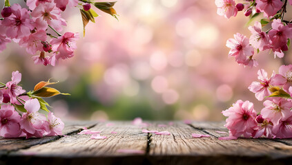 Spring background with a wooden table top and pink cherry blossoms in a blurred spring garden. Springtime banner template for product display