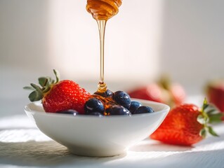 A mouthwatering shot capturing a fresh composition featuring a bowl brimming with succulent blueberries and strawberries, gracefully drizzled with honey.